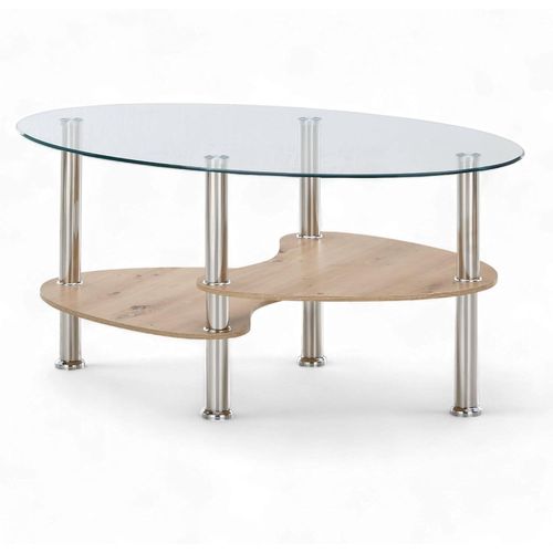 Panty Table Basse Ovale En Verre Avec Étagère Aspect Chêne Sonoma/Chêne Artisan¿Table En Verre Moderne Pour Votre Salon¿90x42x55 Cm (Lxhxp)