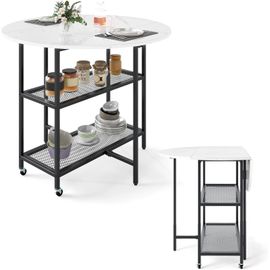 Table À Manger Ronde,100 Cm Table De Cuisine Moderne Avec Plateau Rabattable,Structure En Marbre,Cadre En Métal,Meuble Extensible Pliable Pour L'intérieur Avec 2 Roulettes,Étagères