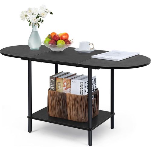 Petite Table Basse Ovale,Table De Salon Avec 2 Étagères De Rangement,Côté Noir Minimaliste Pour La Maison,Le Bureau,Bois Et Métal,90x40x47 Cm