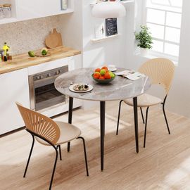Table À Manger Marbre Ronde: Table Salle À Manger 4 Personnes 80x80x76cm Scandinave Table Cuisine Avec Pieds En Métal Noir Meuble Pour Restaurant Hôtel Moderne Industriel-Gris Italien