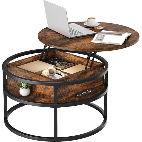 Table Basse Relevable Avec Rangement Caché,80x80x47cm,Table Basse Ronde Salon Avec Cadre Métallique Robuste,Forte Charge Portante