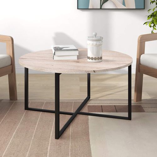 Table Basse Ronde Pour Salon Avec Pieds En Métal,Noir+Chêne Blanc.