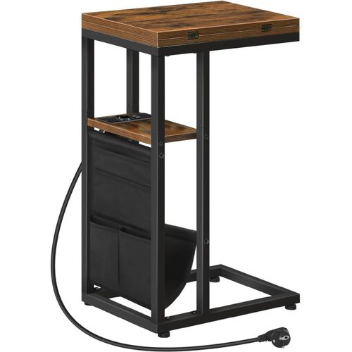 Table D¿Appoint En Forme De C,Table Basse Pliant Avec Station De Charge Et Pochette De Rangement,Bout De Canapé,Pour Salon,Chambre,Marron Rustique Et Noir Ebf101csf01