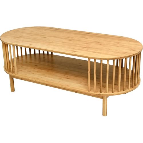 Table Basse Ovale En Bambou Pour Salon,Table Centrale De Ferme À 2 Niveaux En Bois Avec Étagère De Rangement