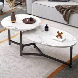 Table Basse Avec 2 Étagères,Design Luxueux,Effet Marbre,Table Basse,Élégante,Haut De Gamme,Ronde Et Ovale,2 Niveaux,Idéale Pour Salon,Salon,Bureau (Blanc)