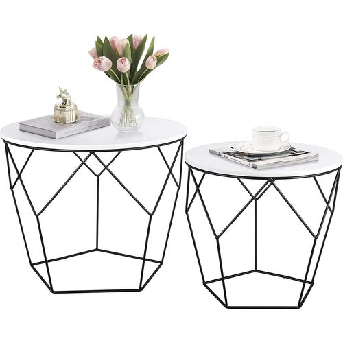 Table Basse Ronde Bois,Lot De 2,Table D¿Appoint,Bout De Canapé,Plateau Amovible,Cadre En Acier,Pour Salon,Blanc