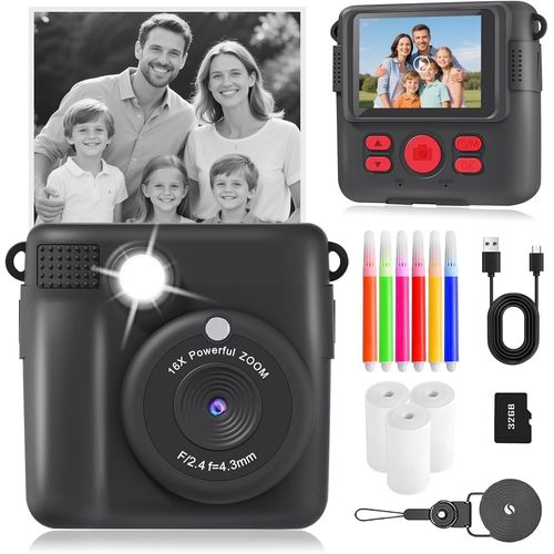 Appareil Photo Instantané Enfant,1080P Appareil Photo Enfant&Caméra Vidéo Avec Carte De 32Gb&Papier D'Impression,Cadeau Pour Garçons&Filles De 3 À 12 Ans(Noir