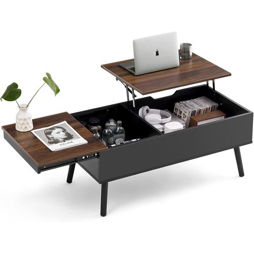Table Basse Avec Plateau Réglable En Hauteur,2 Compartiments Cachés,Polyvalent,Meuble En Bois Avec Grand Espace De Rangement,Salon,100x50x43,5 Cm,Grain De Bois Marron