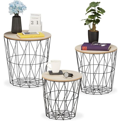 Table D¿Appoint,Lot De 3,Panier Pour Le Salon,En Métal Et Aspect Bois,3 Tailles,Bout De Canapé,Noir