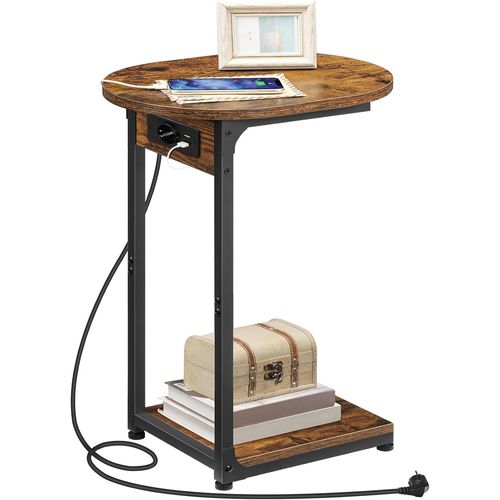 Table D¿Appoint En Forme De C,Bout De Canapé Avec Plateau Ovale Et Station De Charge,Table Basse Avec Cadre Métallique,Pour Petit Espace,Salon,Chambre,Marron Rustique Et Noir Ebf18csf01