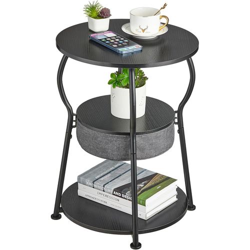 Table D'appoint Ronde À 3 Niveaux Avec Panier En Tissu,Table Basse,Style Vintage,Taille Fine,Pour Salon,Chambre À Coucher,Petits Espaces,40x40x55 Cm (Noir)