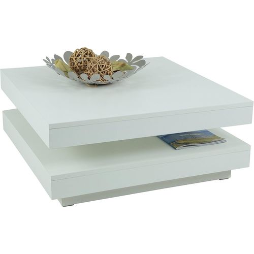 Table Basse Fonctionnelle De Salon Ben,Carrée,En Matériau Dérivé Du Bois Avec Revêtement En Mélamine,Plateau De Table Rotatif À 360°,Blanche,78x78x34 Cm