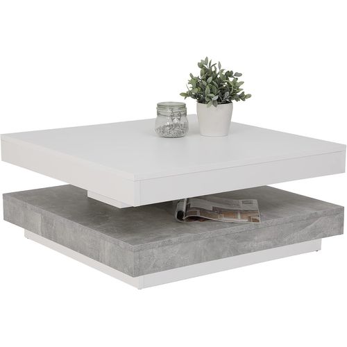 Andy Table Basse Pour Séjour,Carrée,Matériau Dérivé Du Bois,Plateau De Table Pivotant À 360°,Blanc/Béton,67x67x35 Cm