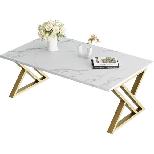 Table Basse,Table De Salon,Table Basse En Bois,Table D'appoint Pour Salon,Montage Facile,Baleines,Espace De Rangement Ouvert,100x48x55 Cm,Marbre Blanc Et Doré