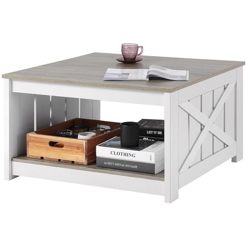 Table Basse,800x800x455 Mm,Table De Salon Carrée Avec Compartiment De Rangement Ouvert,81,7 Kg,Table De Cocktail Rustique En Bois Pour Salon,Chambre,Appartement,Studio,Gris Et Blanc