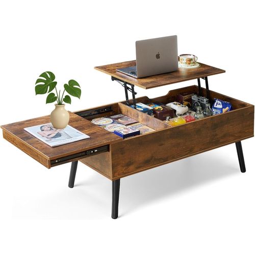 Table Basse Réglable En Hauteur Avec Plateau Coulissant,2 Grands Compartiments De Rangement Cachés Séparés,Table De Salon,100x50x43,5 Cm,Marron Vintage