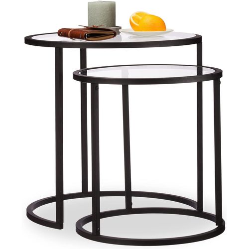 Noir Basse D'appoint Gigogne Lot De 2,Nuit Ronde,Tables De Chevet,Hxlxp : 50,5x50x50cm,Acier,Verre