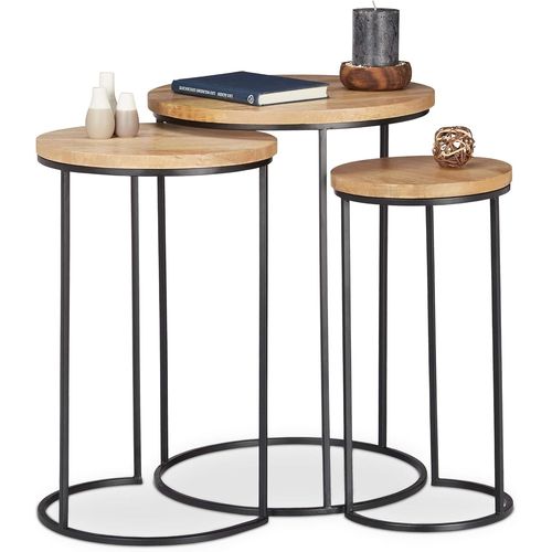 Nature Basse Lot D¿Appoint Rondes,Table De Chevet 3 Tailles,En Métal Et Bois De Manguier,Fer,3