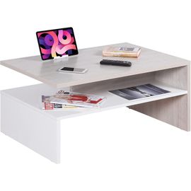 Table Basse 90x42x60cm Table Wm080-W-Ep De Salon Avec Rangement Carré Rectangulaire Design Moderne Bois Blanc&chêne Clair