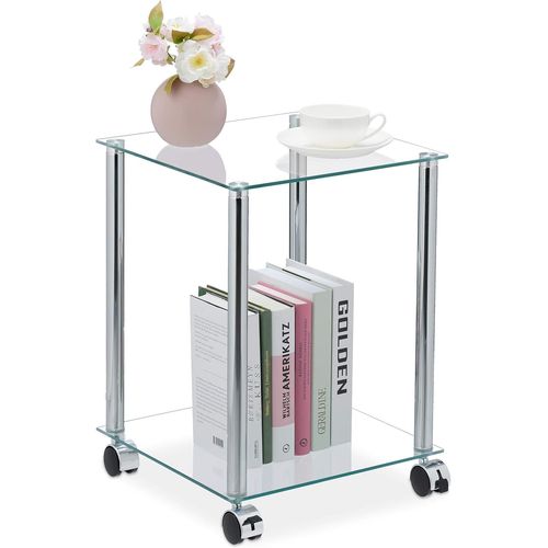 Table D¿Appoint Avec Roulettes,2 Supports,Carrée,Salon,Verre Er Acier,Table Basse,Transparente/Argentée