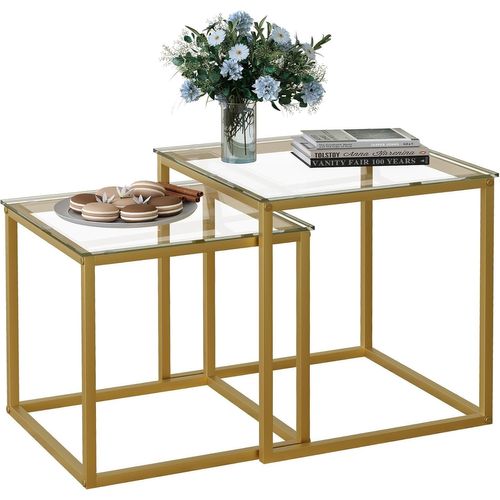 Lot De 2 Tables Basses Carrées Modernes En Verre-Petite Table D'appoint-Table Basse Pour Salon,Chambre À Coucher,Bureau-50/45 Cm-Doré