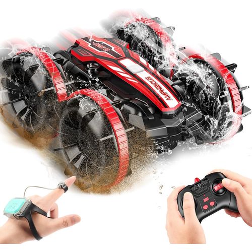 TZF-Voiture Télécommandée Amphibie, Double Télécommande (Main + Geste) - 4x4 - Faites des 360° - Étanche - Bleu ou Rouge - Jouet Enfant/Cadeau Dès 3 Ans