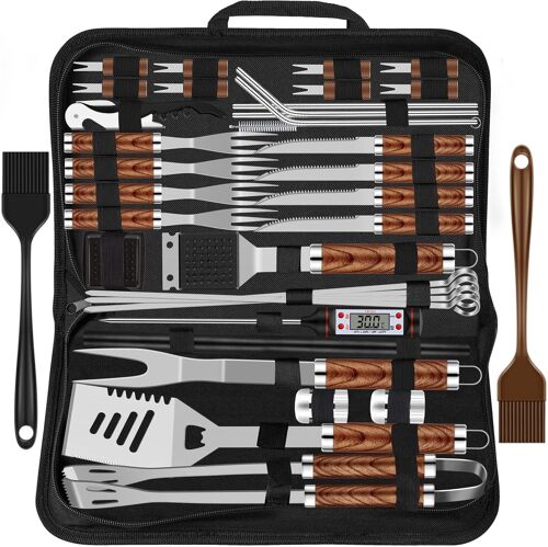 Ulteronixshop-38pcs Kit Barbecue Set Accessoires de Grill en Acier Inoxydable pour Hommes,Ensemble d'Ustensiles de Grill de Haute Qualité avec Sac et Tapis pour Camping Marron