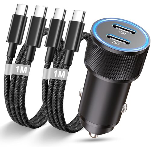 LORANKA-Allume Cigare USB C Rapide, 60W PD Chargeur Voiture USB C Adaptateur Prise Chargeur Allume Cigare USB Chargeur Telephone Voiture avec 2X Câble pour Samsung Galaxy S25 S24 S23 S22,iPhone 17 16