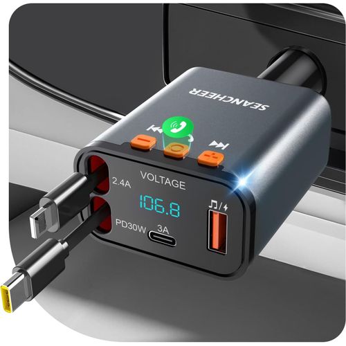Kalanka-Transmetteur Fm Bluetooth Voiture & Allume Cigare Usb C, 69w Chargeur Voiture Avec 2 Câbles Rétractables, Lecteur Mp3 Bluetooth 5.3, Téléphone Kit Main Libre, Adaptateur Radio Pour Autoradio