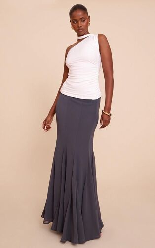 Jupe Longue En Mousselie De Soie Gris Anthracite À Ourlet Godet, Gris Anthracite