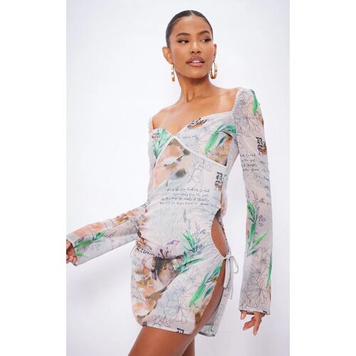 Robe Droite En Mousseline De Soie Gris Pierre Imprimé À Découpes, Gris Pierre