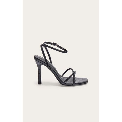 Sandales Talon En Pu Noir Effet Croco Bout Carré Et Brides Fines Noir