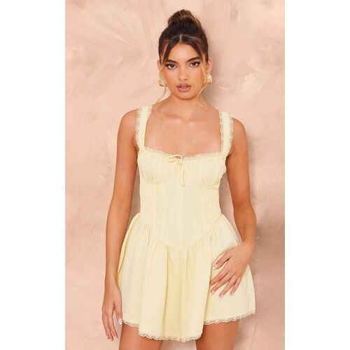 Combishort Tissé Jaune Citron À Corset Et Liseré En Dentelle, Jaune Citron