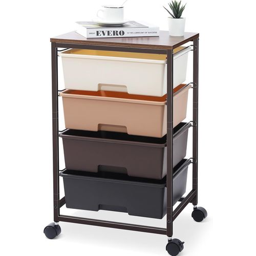asas-Chariot De Rangement À 4 Tiroirs Sur Roulettes Avec Plateau De Table En Bois,Pour Cuisine,Salon,Chambre À Coucher,Mouvement Facile,Grande Capacité,4 Tiroirs,Marron