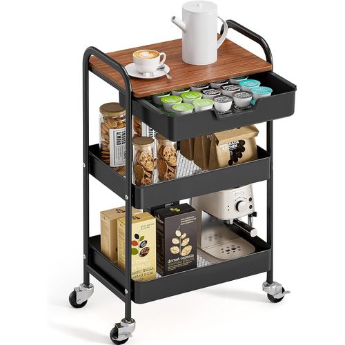 ytseazn-Chariot De Rangement À 3 Niveaux Avec Plateau,Chariot Multifonction En Métal Pour Cuisine,Maison,Bureau,Salle De Bain,Noir
