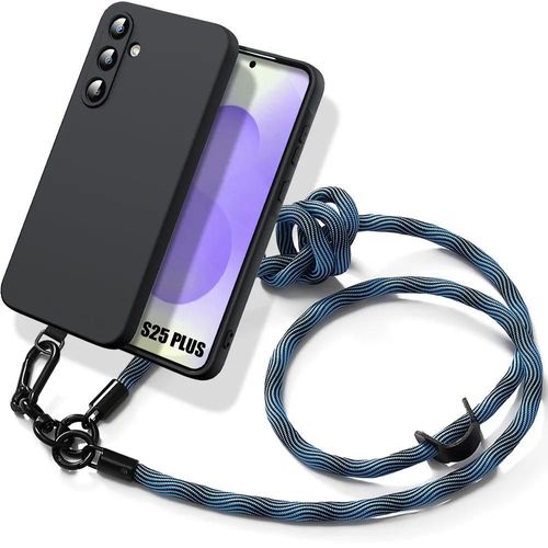 Coque Pour Samsung Galaxy S25 Plus (S25+) Protection Silicone Noir Avec Bandoulière Bleue - E.F.Connection