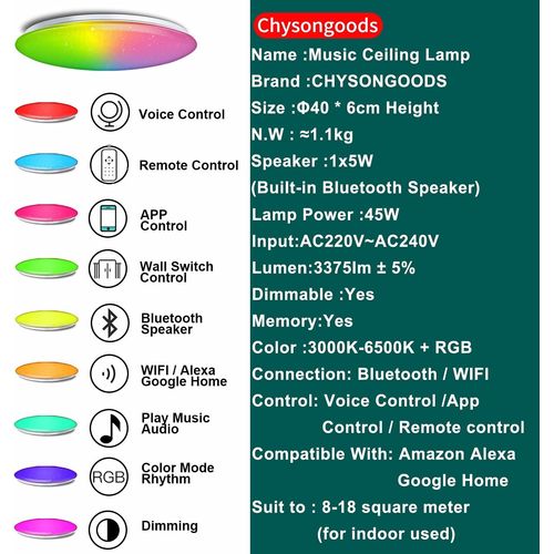 SUBZONAL-Plafonnier 45 W ¿40 cm Compatible avec Alexa Google Haut-parleur Bluetooth Avec Télécommande RGB Réglable Changement de Couleur Pour Chambre à coucher salon bureau et autres environnements