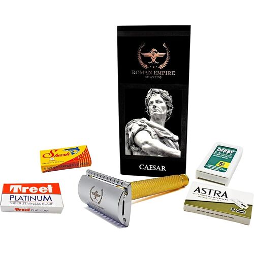 Rasoir De Sécurité À Double Fil César Gold De Roman Empire Shaving | Rasoir Classique | Razor De Sécurité | Rasoir En Acier Avec Lot De 20 Lames À Raser (Astra-Derby-Shark-Treet)