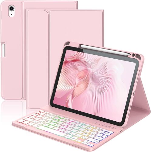 SUBZONAL-Coque Clavier pour iPad A16 11/10 Ème Generation (11 Pouces 2025/10.9 Pouces 2022) Étui Keyboard Bluetooth pour iPad 10eme/11eme avec 7 Couleurs Rétroéclairées,Porte Crayon,AZERTY Français,R