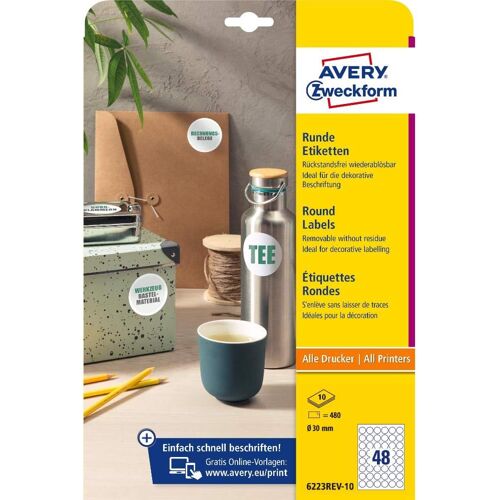 6223rev-10 Lot De 10 Étiquettes Rondes (480 Pastilles Adhésives, Ø 30 Mm Sur A4, Autocollants Ronds À Imprimer, Amovibles Et Amovibles Sans Laisser De Traces, Étiquettes De Confiture)
