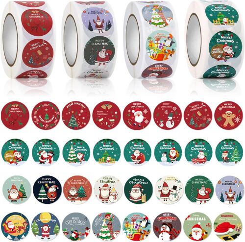 2000 Pièces Noël Autocollants Rouleau,Autocollants de Noël Ronds,Sceaux Christmas Vacances Cadeau Autocollants,Étiquettes Adhésives en Papier Kraft,pour Décor de Noël Sac Enveloppe Cadeau