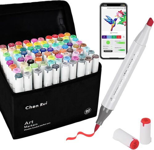 80 Couleurs Feutre A Alcool Avec App Gratuite, Feutres Coloriage À Doubles Pointes (Pinceau Et Biseautée) Pour Adultes Et Enfants, Marqueur À Alcool Pour Peinture, Croquis Et Dessin