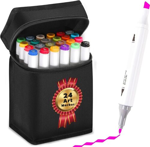 24 Marqueurs Colorés Feutre A Alcool,Double Marqueur Avec Sac Pour Dessin Coloriage Croquis Calligraphie, Pour Étudiantsp, Adultes