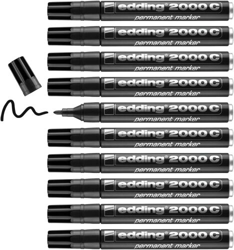 Edding 2000 C Marqueur Permanent - Noir - 10 Stylos - Pointe Ronde 1,5-3 Mm - Sèche Vite - Résiste À L'eau Et À L'essuyage - Pour Carton, Plastique, Bois, Métal - Marqueur Universel