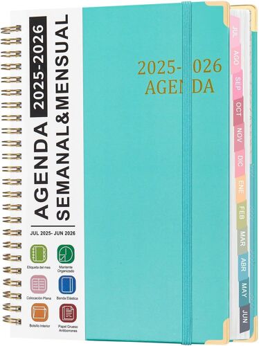 Agenda 2025-2026 Vue Hebdomadaire A5 Avec Anneaux (Juil-2026) 12 Mois En Espagnol Pour Bureau, École, Enseignants Et Étudiants