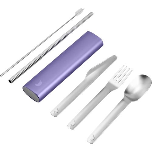 Couverts - Ustensiles en Acier Inoxydable avec Etui de Voyage en Aluminium - Couteau, Fourchette, Cuillère, et Paille - Abyss Black