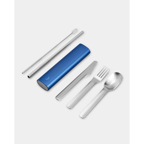 Couverts - Ustensiles en Acier Inoxydable avec Etui de Voyage en Aluminium - Couteau, Fourchette, Cuillère, et Paille - Abyss Black
