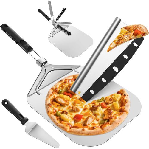 Ensemble de 3 Pièces de Pelle à Pizza, Pelle Pizza 32 cm à Manche Pliable, Grand Couteau, Pelle à Gâteau, pour Tarte Pain Gâteau