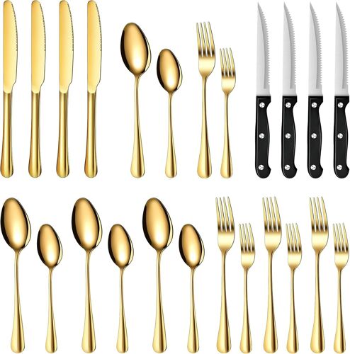 Chicslick-Couverts Or Mat Pour 4 Personnes, 24 Pièces Couverts De Table Gold, Couverts Dorés Mat En Acier Inoxydable Avec Couteau À Steak, Couteau, Fourchette, Lavable Au Lave-Vaisselle[X2188]
