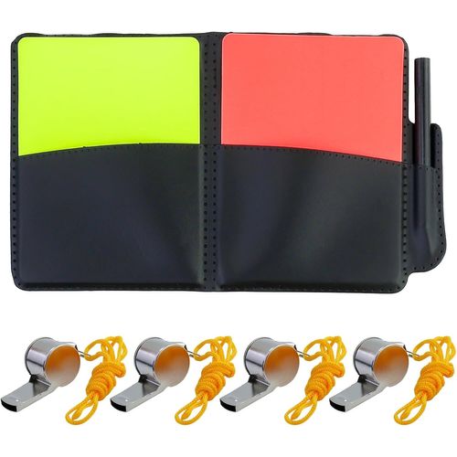 Sept-Lot De 4 Cartes D'arbitre De Football - Avec 4 Sifflets En Métal - Pour La Compétition, L'éducation Physique, L'entraînement En Club, L'entraînement Des Enfants